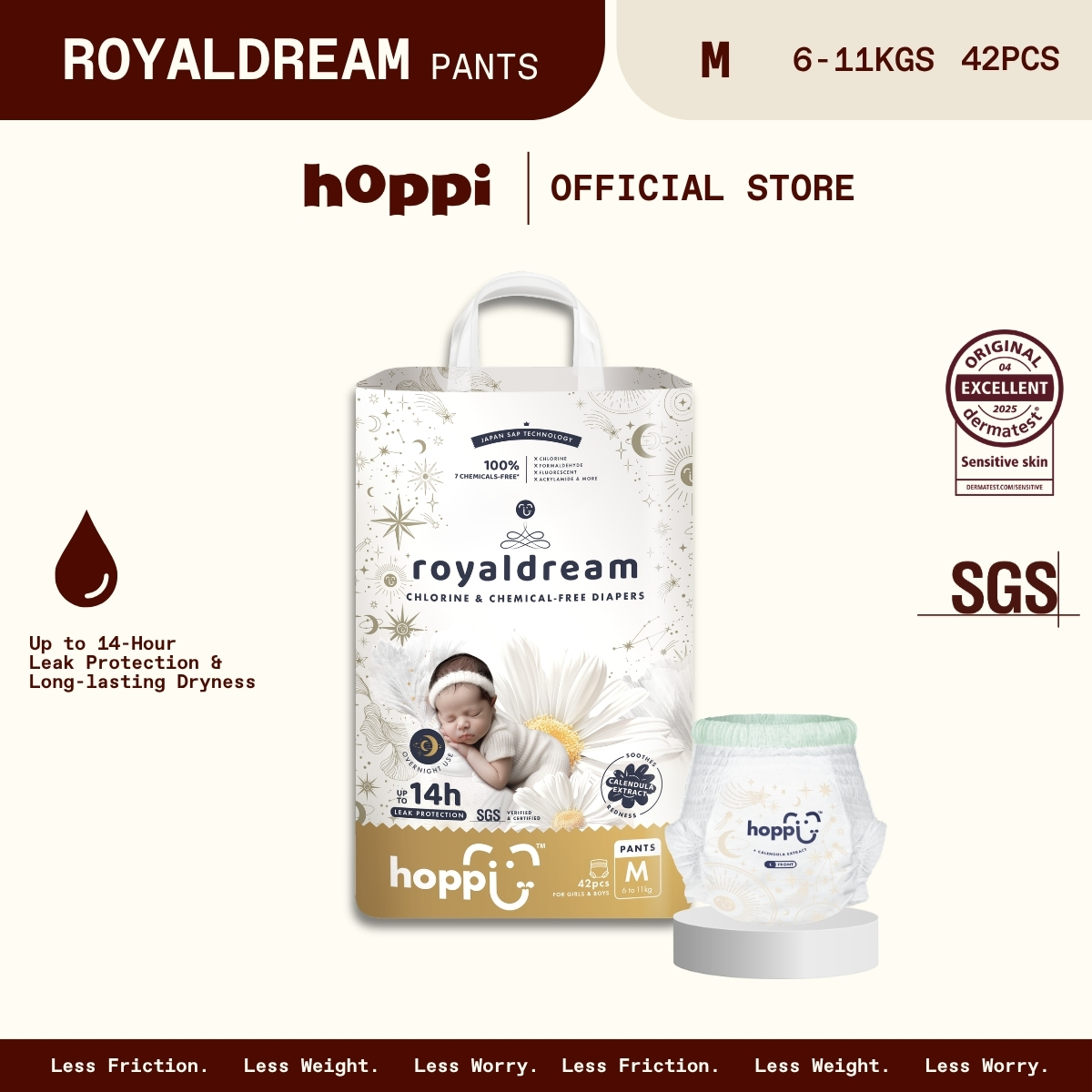 HOPPI RoyalDream Pants Diapers - MEDIUM 42s - Chlorine-Free & Chemical-Free Rash-Free Diapers