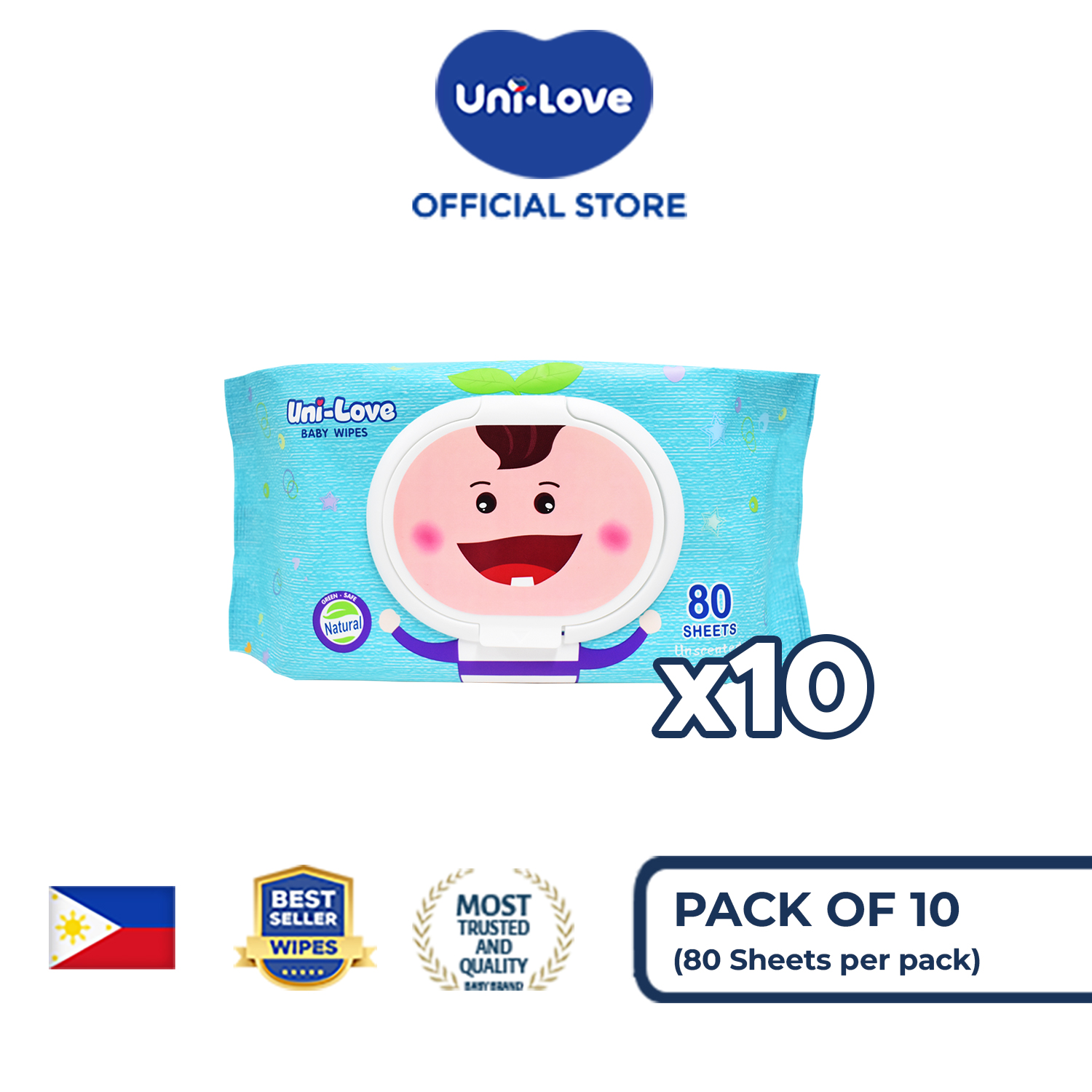 UniLove Unscented Baby Wipes 80s Pack of 10 - 99% Water| Hypoallergenic | Alcohol Free | No harmful chemicals | with Aloe Vera | Safe & Gentle | FDA Approved