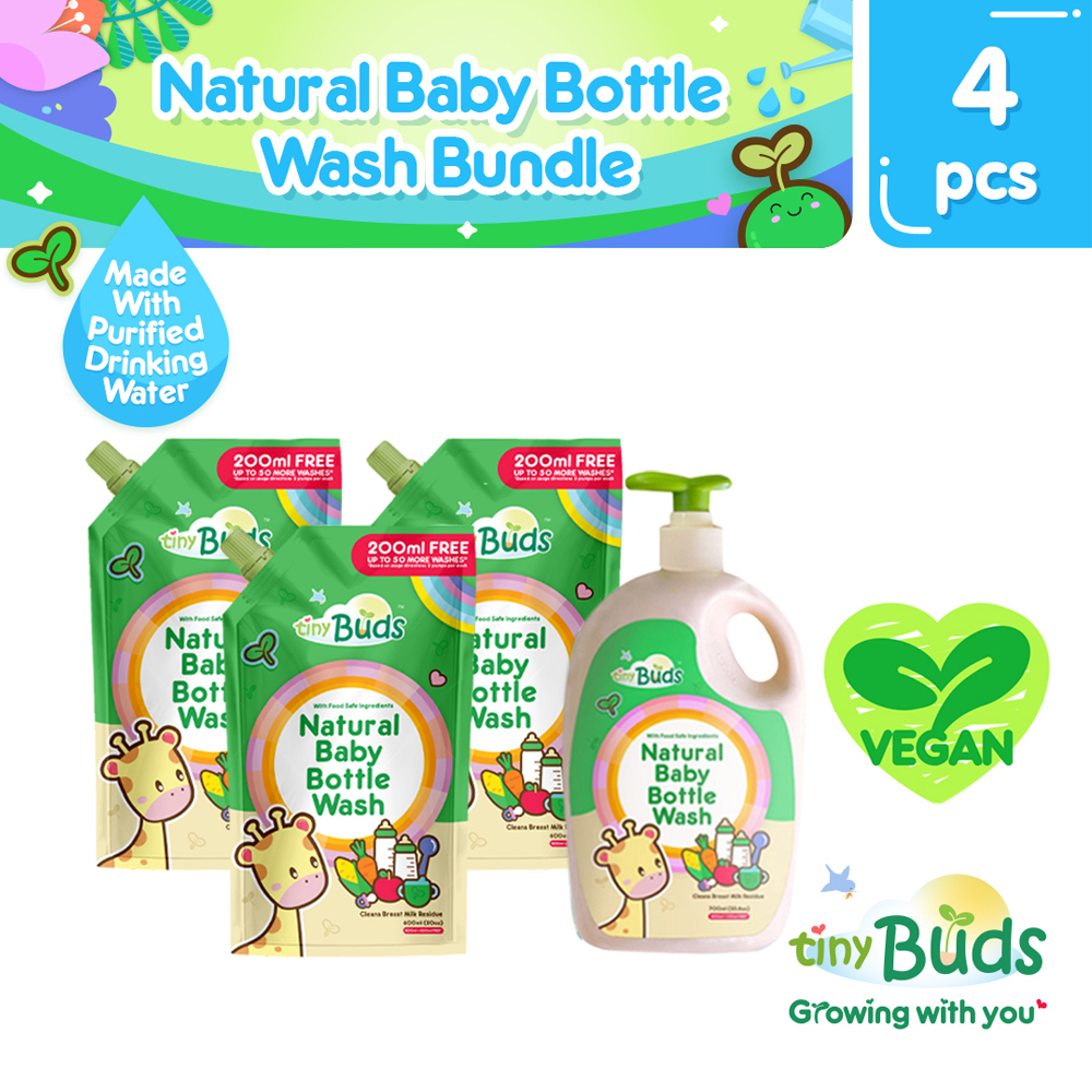 Tiny Buds Baby Bottle and Utensil Wash 700ml with 3-Piece 600ml Refill Pack