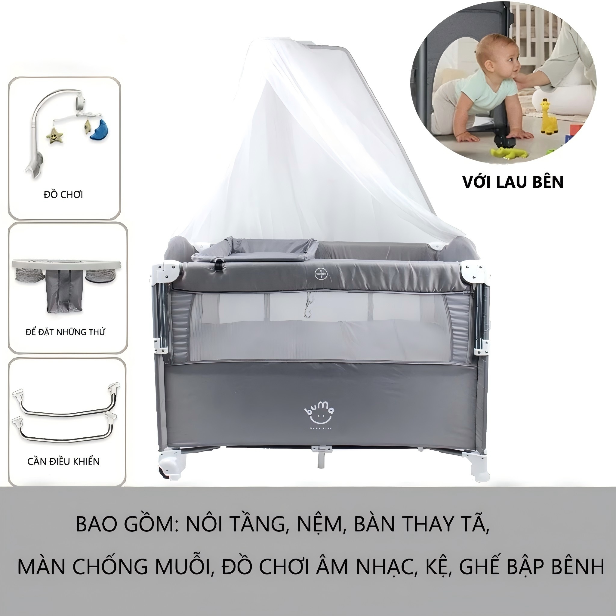 5 in 1 Baby Crib Baby Bassinet Beside Sleeper Pack and Play with Bassinet and Changing Table Portable Travel Baby Playpen with Toys & Hanging Toys