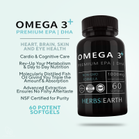 Omega 3 Fish Oil 1000mg with Vitamin E NON-GMO NSF-Certified PCB - Premium Omega 3 with EPA and DHA Third Party Tested Burpless Triple Strength Fish Oil 60 Softgels Made in the USA from Herbs of the Earth