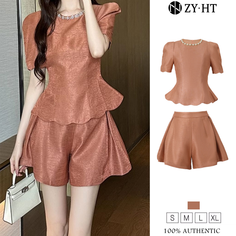ZYHT EraVogue 2-Piece Set Puff Up Sleeve + Shorts Quần áo công sở Hi-casual Womens Jumpsuit Jumpsuit