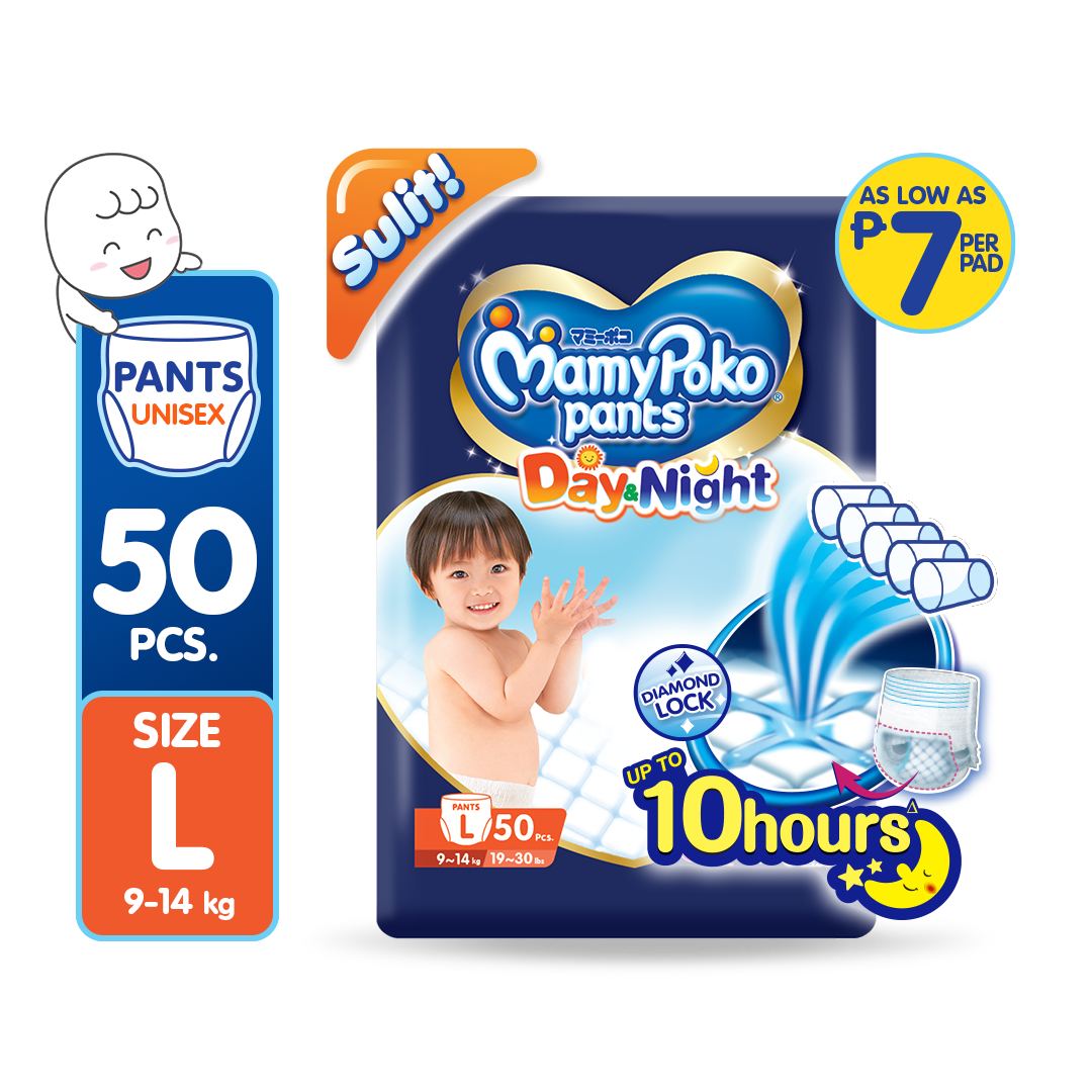 MAMYPOKO Day and Night Baby Disposable Diaper Pants Unisex Large 50 pcs