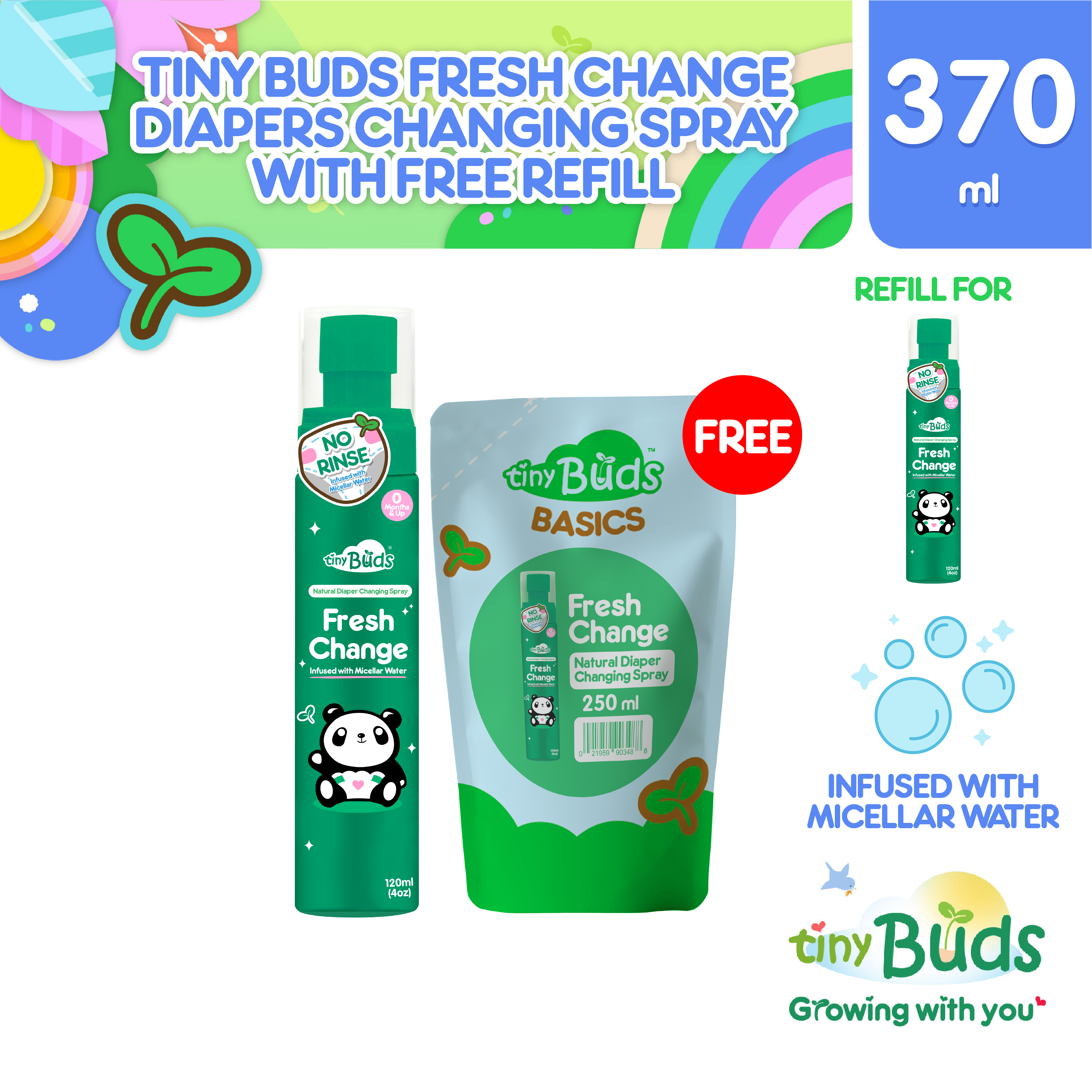 Tiny Buds Baby Diaper Changing Spray Refill 250ml with Tiny Buds Fresh Change Micellar Water Diaper Changing Spray 120ml (2pc bundle)