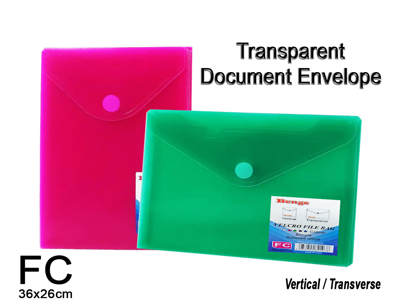 Transparent Plastic Document Envelope Velcro File Bag 36x26cm Size FC/Long Random color