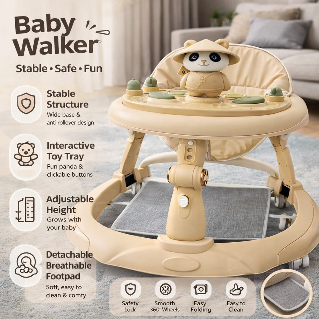 Beige baby walker for girl baby boy One-touch folding 3-level adjustment for the body 4-level adjustment for the seat cushion with light and musicand foot pads