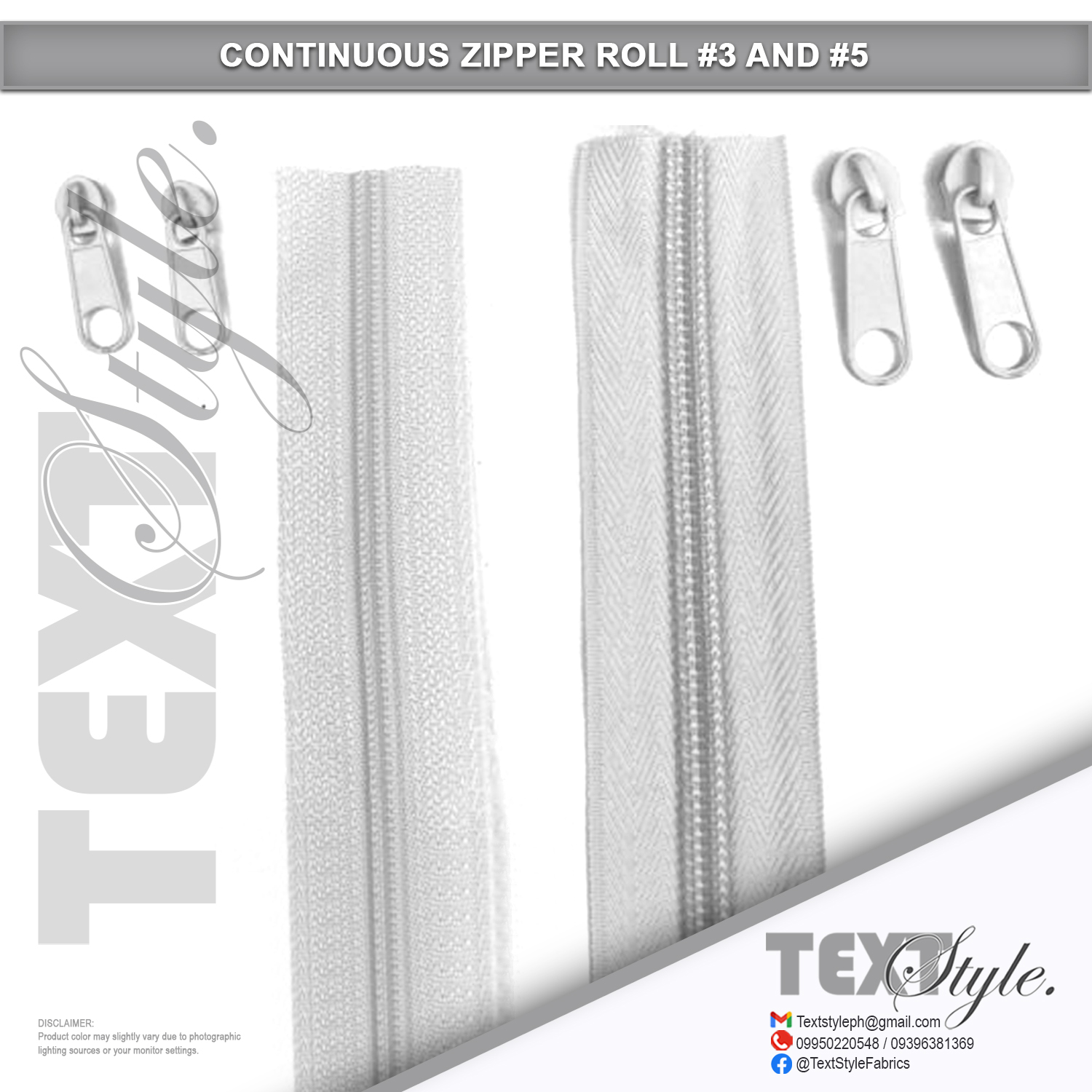 Textstyle Nylon Continuous Zipper Black & White #3 & #5 - Sold Per Meter