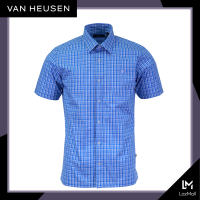 Van Heusen Mens Slim Fit Checkered Short Sleeve Shirt w/ Basic Collar (Blue)