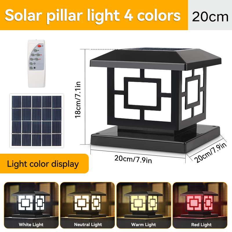 CANMEIJIA Solar Pillar Light Outdoor Waterproof IP65 Column Lamp 4 Colors with Remote Control Gate Post Light for Courtyard Garden Porch Solar Fence Lamp