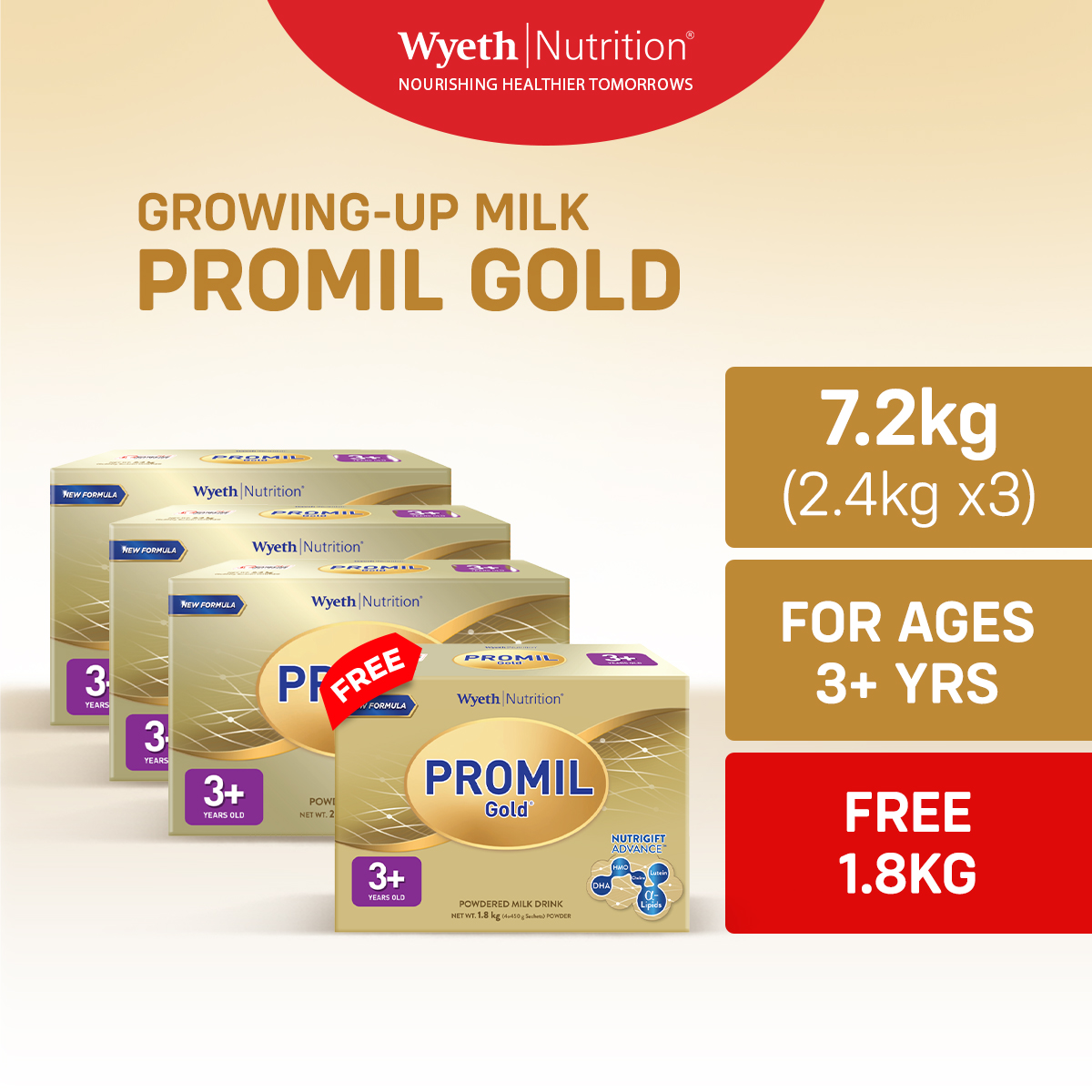 PROMIL GOLD Four Growing-Up Milk Powder for Children 3+ Years Old 7.2kg (2.4kg x3) - FREE 1.8kg
