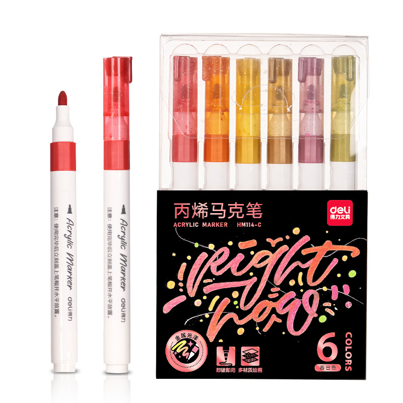Deli 6PCS Metallic Acrylic Marker Pen Painting School Supplies HM114 1Set