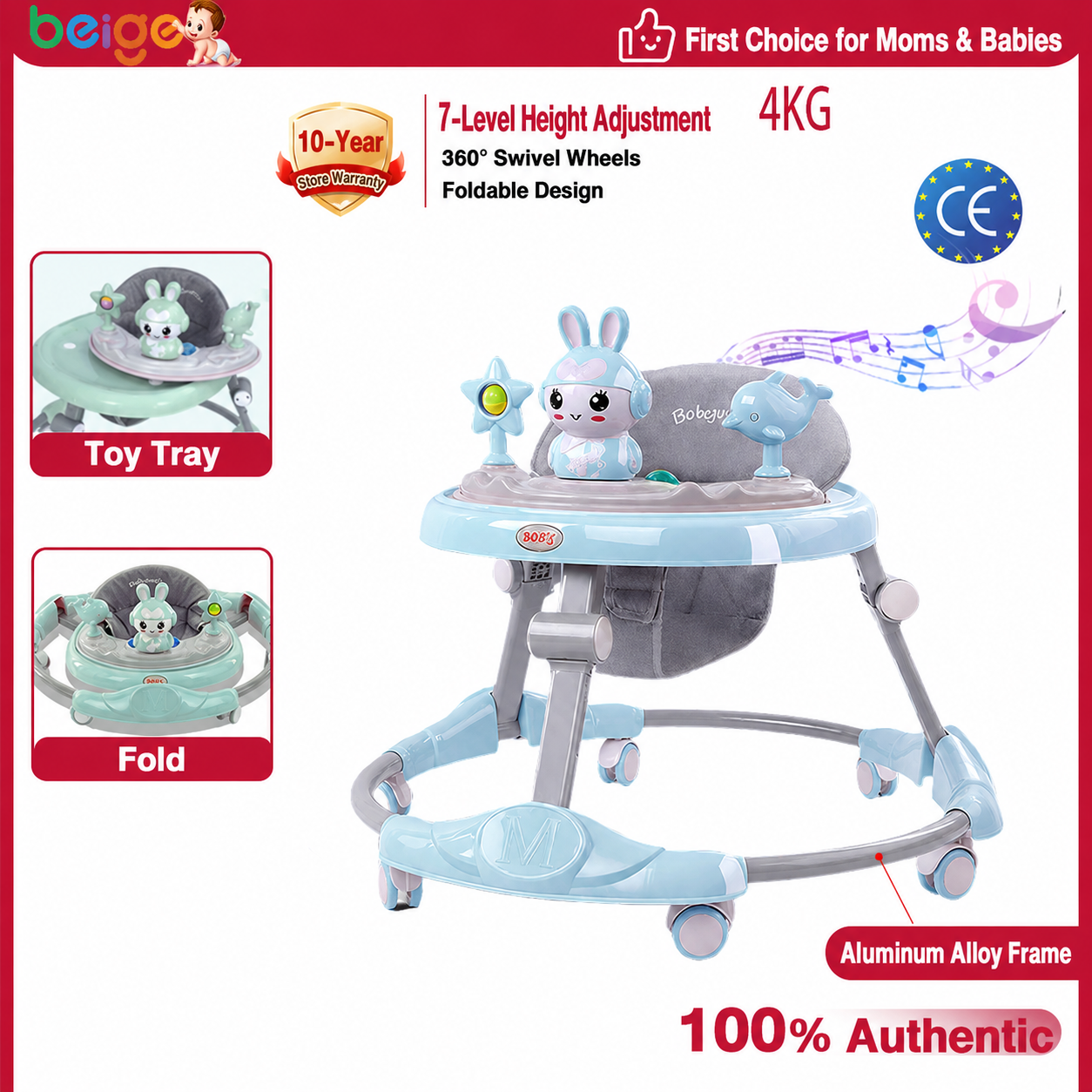 Beige Baby Walker Boy&Girls Foldable Anti-O-Leg Anti-Tip Adjustable Height Multifunctional Learning Cart With Music Light Handle Toy Walking Trainer
