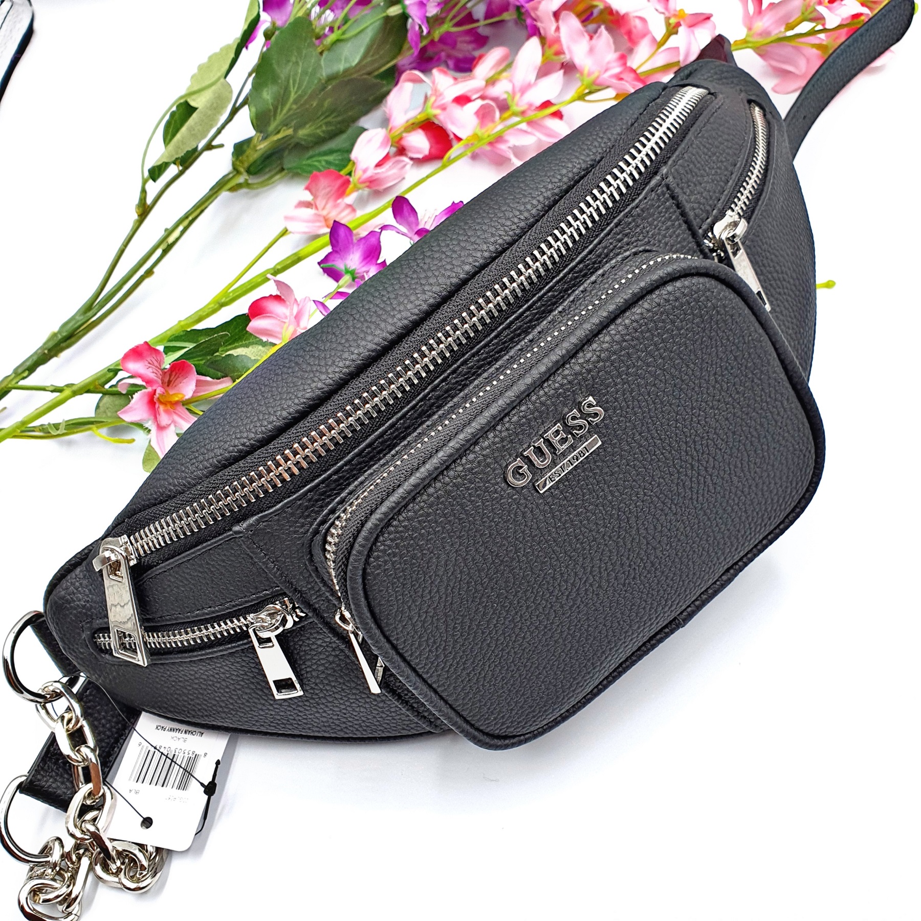 Guess Ali Chain Zip Belt Bag in Black Pebble Leather Womens Fanny