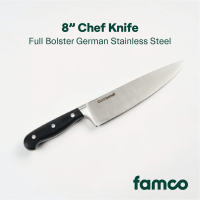 Famco 8″ Chef Knife German Stainless Steel 2.5mm HRC56 Full Bolster for More Balance and Control Ergonomic Handle Comfortable Grip Multipurpose Versatile Kitchen Tool Great for Mincing Slicing Disjointing Food Items