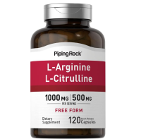 Piping Rock L-Arginine L-Citrulline Supplement 1000 mg Free Form Non-GMO Gluten Free 120/200 Capsules (2mos supply) exp 2027