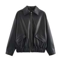 YATO Fashion black leather oversize jacket lapel slant pockets womens coat