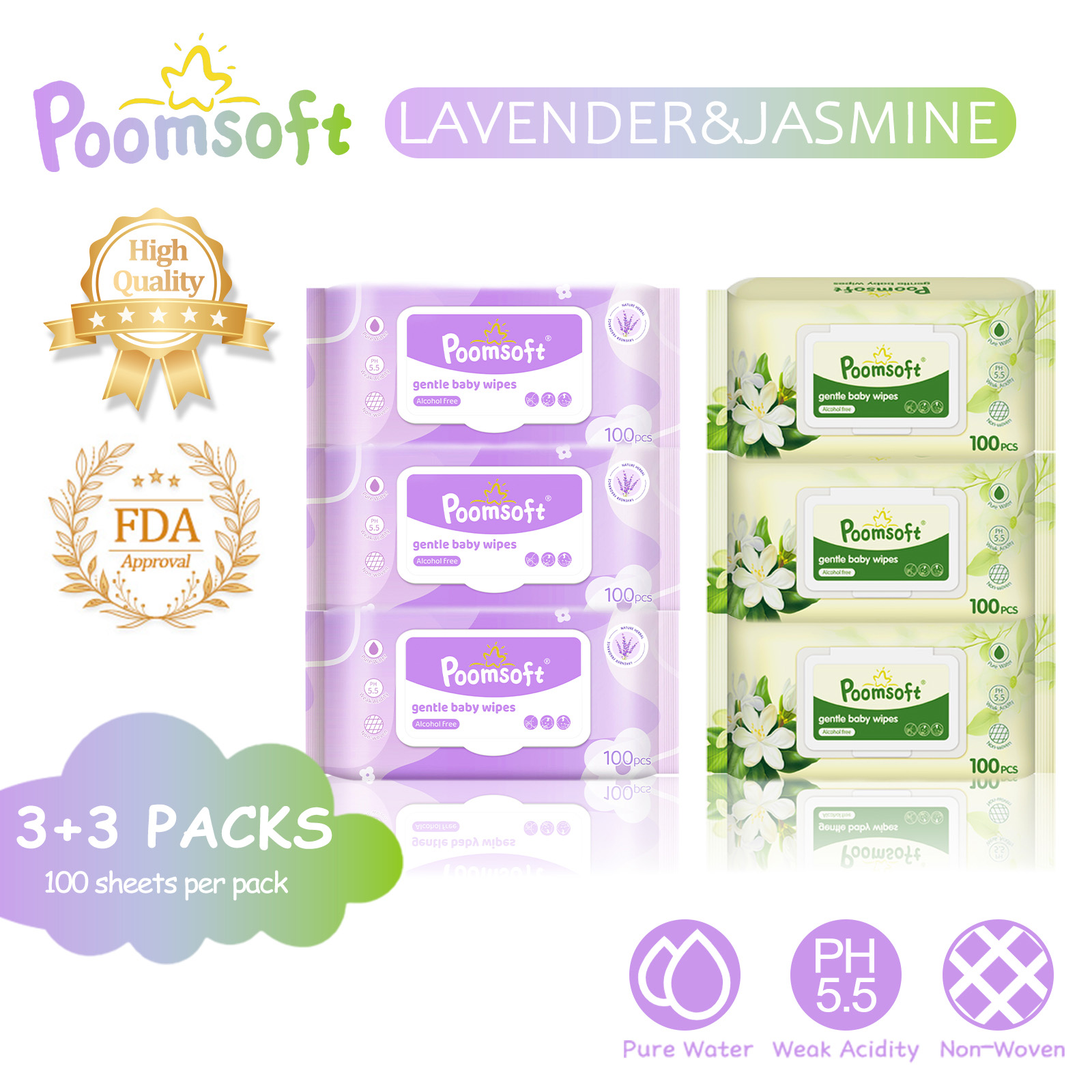 Poomsoft 3+3 Packs x 100 Sheet Lavender and Jasmine Mix Scented Alcohol-Free Baby Wipes Wet Tissue