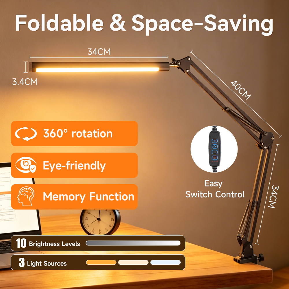 CHENBEN LED Table Lamp 3 Color Dimmable Reading Desk Lamp USB Plug Clip Folding Light Double Head Arm 24W Desktop Reading Light Eyes Protection for Students Studying Room Bedroom Office