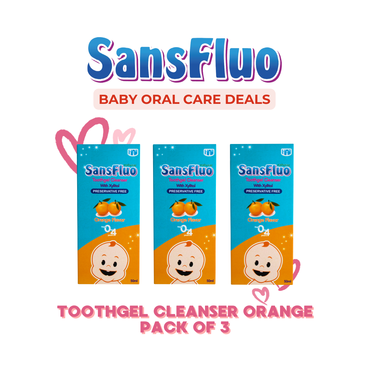 (PACK OF 3) SansFluo Natural Toothgel Cleanser Orange 50ml for 0-4 years old