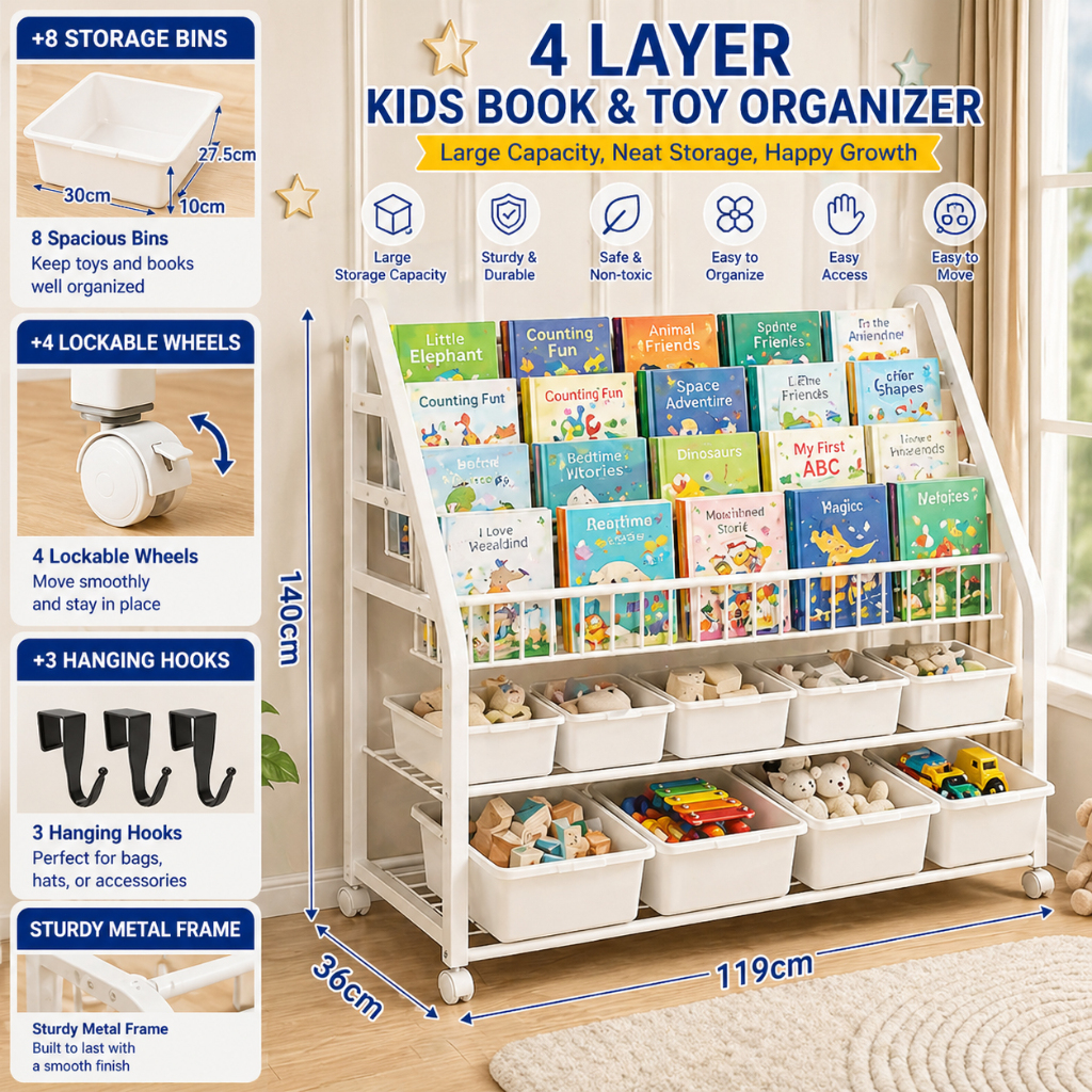 PlayPark Toy Organizer Kids Toy Storage Rack Book Shelf for Kids Book Shelf Organizer Shelves