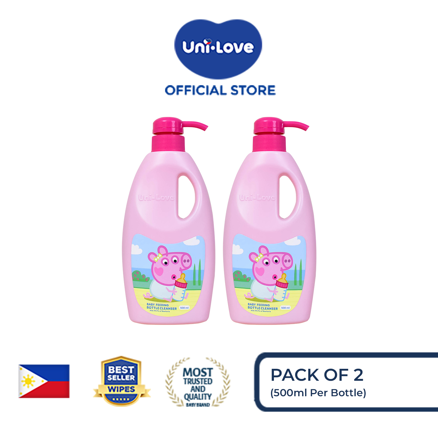 Uni-Love Evie Baby Feeding Bottle Cleanser 500ml (Bottle Pump) Bottle of 2