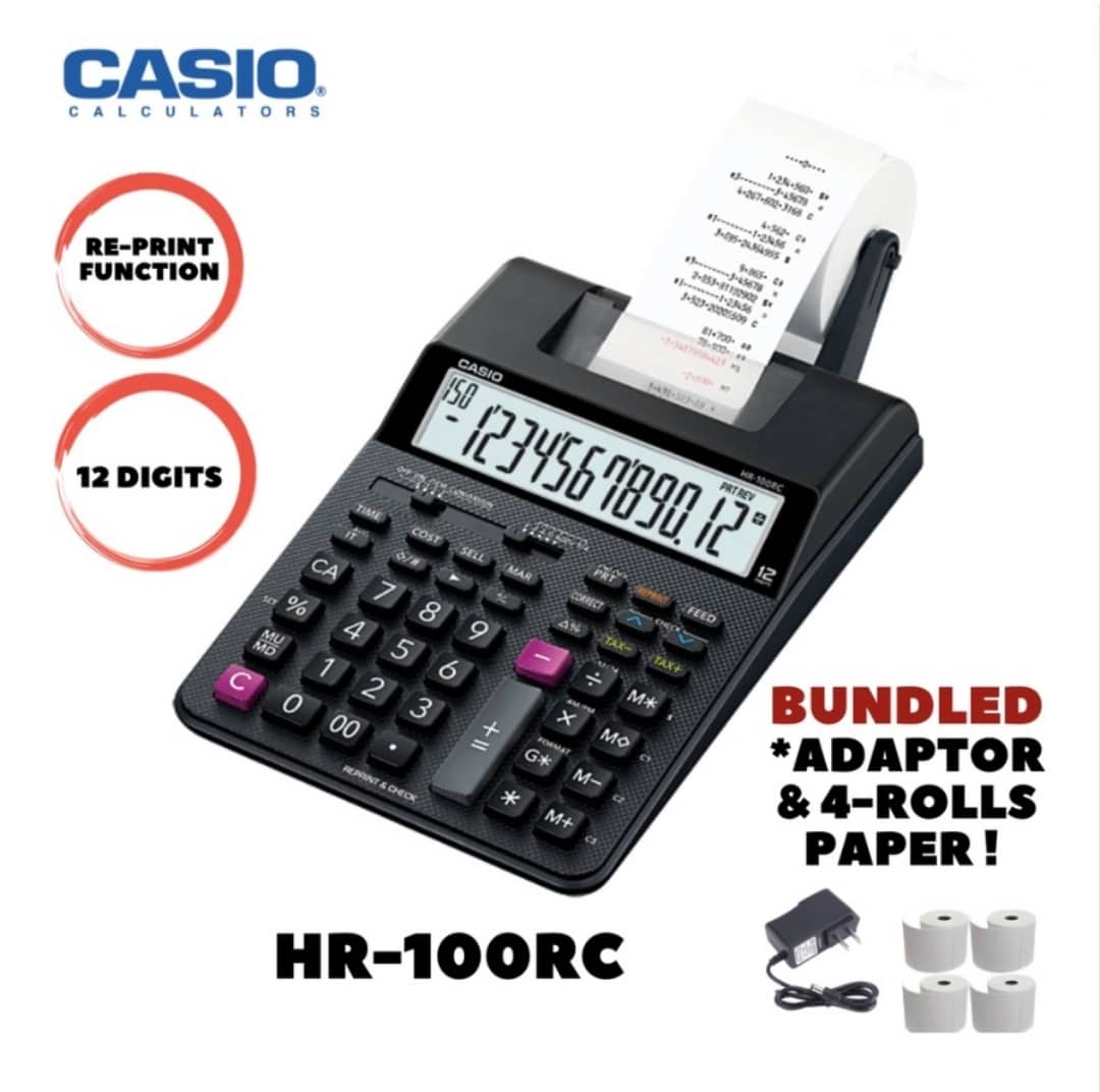 Calculator - CASIO HR100RC Printing Calculator w/ Adaptor and 4pcs Paper Rolls