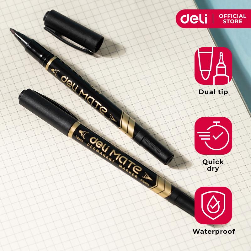 Deli EU10420 Dual Tip Permanent Marker Black 1PC Quick Dry Long Lasting Multi-Surface Office School