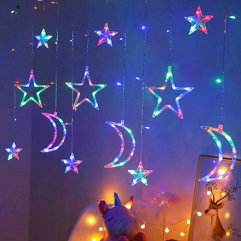 DLMA Twinkle Star Stars moons 12 Stars 138 LED Curtain String Lights Window Curtain Christmas Lights