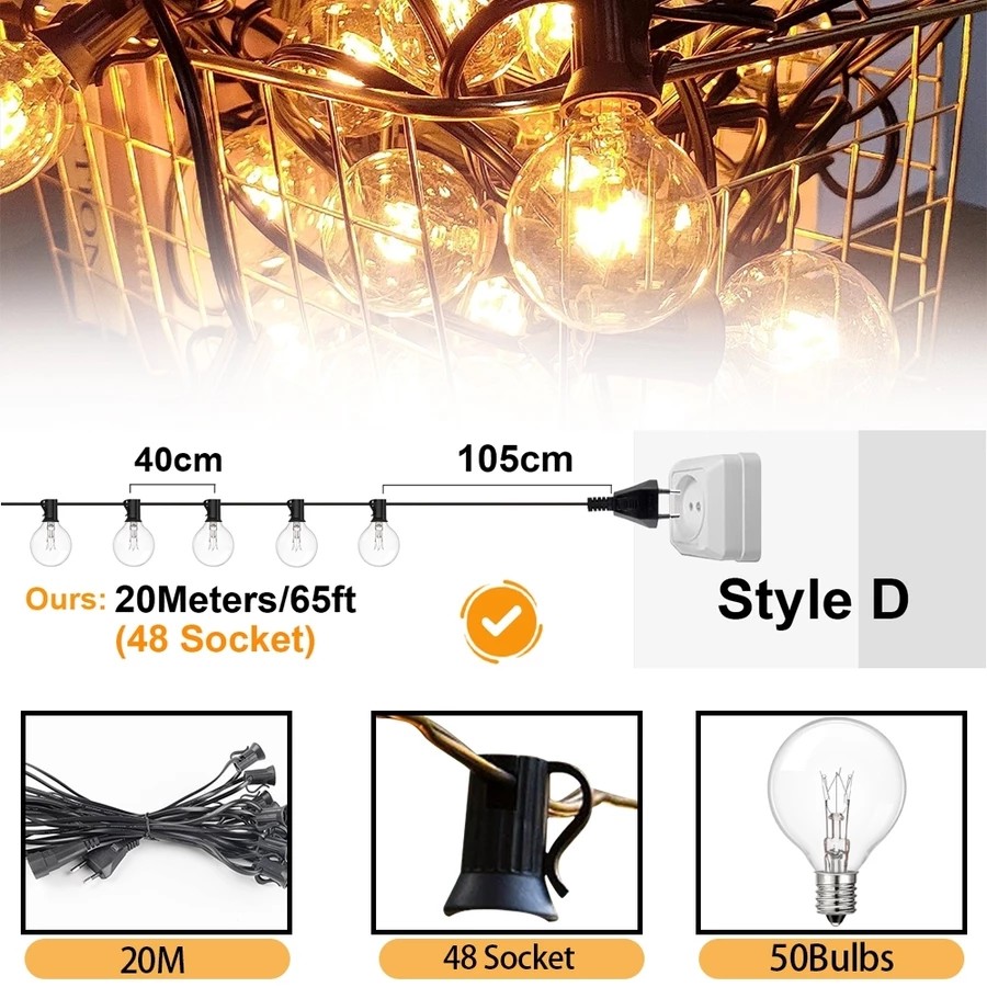 String Lights G40 Bulb Patio Outdoor Fairy Solar Lights Party Garden Wedding Christmas Decoration Lights Glass Bulb