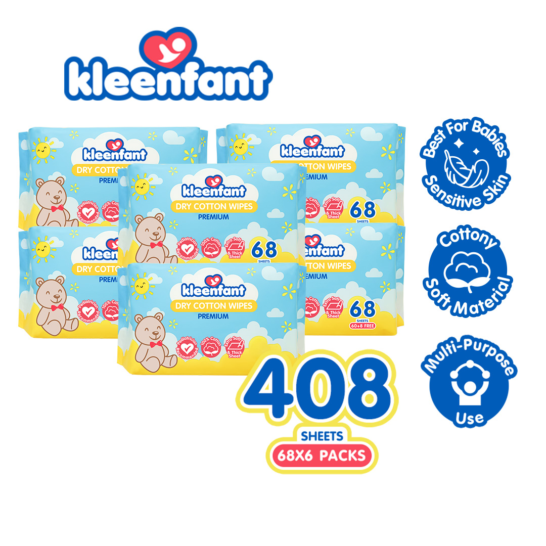 Kleenfant Premium Dry Cotton Wipes 100% Plant Fiber Fragrance Free Extra Soft & Thick 68 Sheets (Pack of 6)