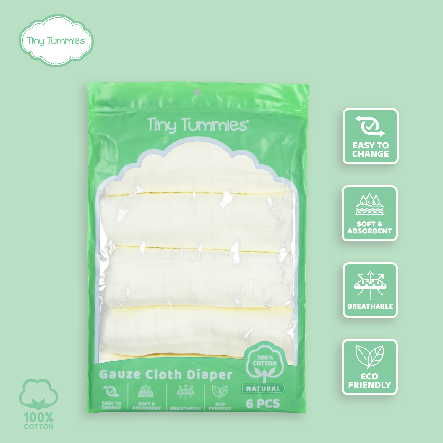 Tiny Tummies 6pcs Premium Gauze Cloth Diapers for Newborn Infant Unisex -(D- 7012 A)