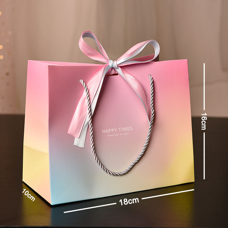 5pcs Premium Happy Time Gift Bag with Soft Ombre Gradient Pattern Elegant Pink and Blue Dual Tone Ribbons Perfect for Gender Reveal Baby Shower Weddings and Birthdays Made of High Quality Sturdy Card Paper Large Capacity Durable Fast Shipping BabyShower