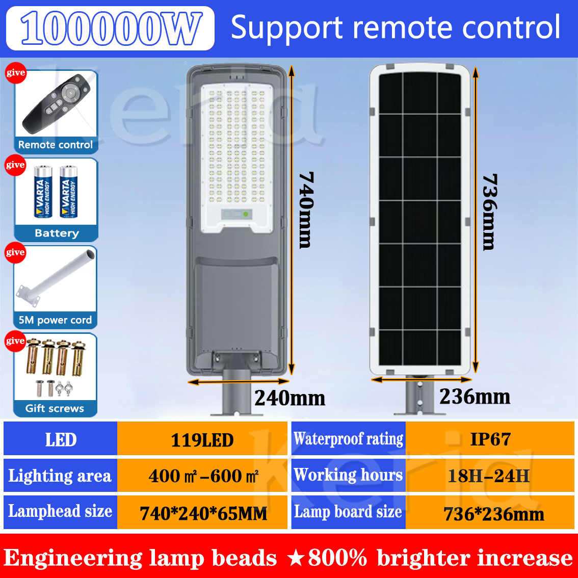 Arkady Solar Street Light Heavy Duty 100000W LED Solar Light Outdoor Waterproof Dusk to Dawn Super Bright Street Light Solar Powered with Remote Control for Parking Lot PatioYard and Garage