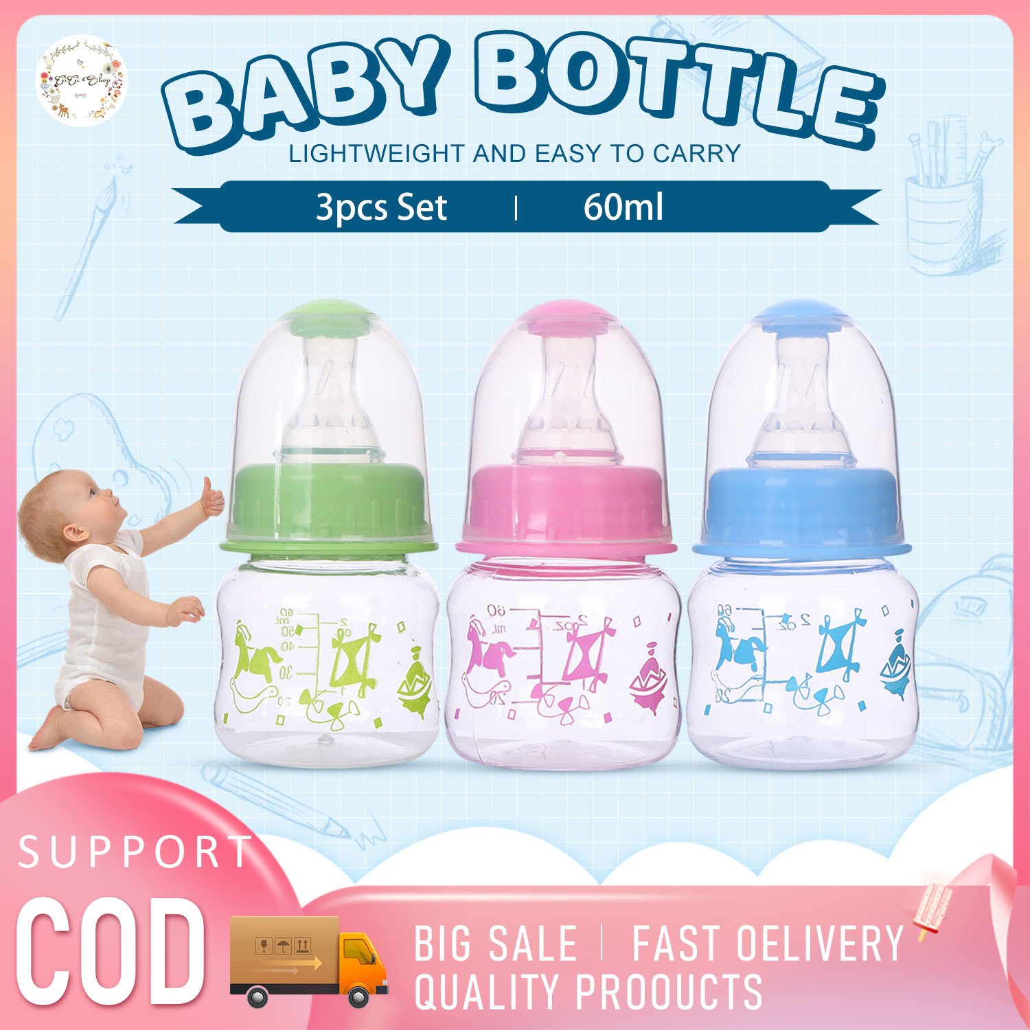 CiCi 3pcs Set Baby Bottle BPA Free Formula Breast Milk Storage Bottles with Slow Flow Nipple