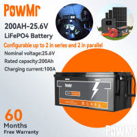 PowMr 24V 200Ah Lithium Iron Phosphate LiFePO4 Battery High‑Performance Built‑in BMS Protection 100% Actual Capacity 10‑Year Service Life Series‑Connectable up to 2 Units for Solar Storage Ebike RV Car Off‑Grid Power Supply