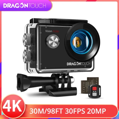 Dragon Touch 4K Action Camera, 20MP EIS Anti-shake Support External Microphone Underwater 100ft Waterproof Camera with Mounting Accessories Kit - Vision 4 Lite