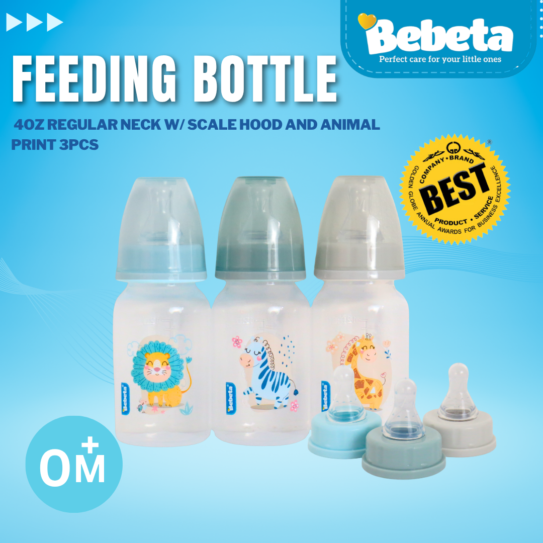 Bebeta Feeding Bottle 4oz Regular Neck w/Scale Hood & Animal Print 3Pcs/Pk