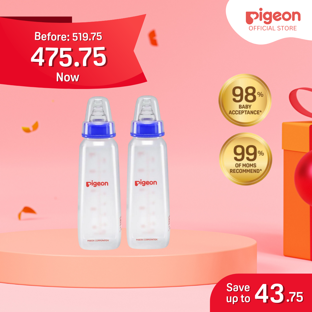 Pigeon Official - PP Standard Slim Neck Feeding Blue Bottle Medium Flow 240ml 4+ Months Twin Pack Anti Colic No Nipple Confusion BPA Free Soft Flexible Nipples Japan No. 1 Brand