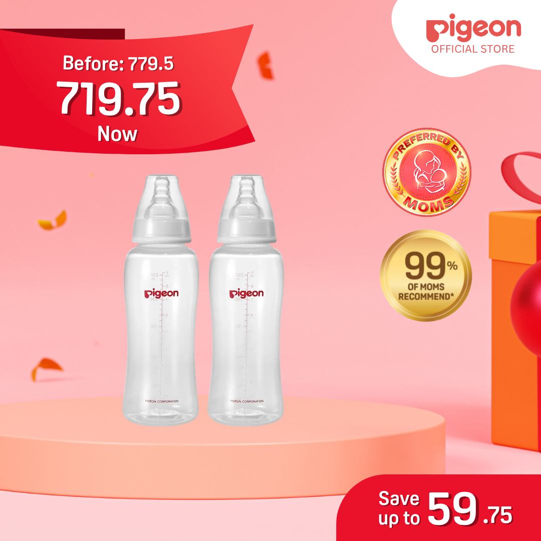 NEW Pigeon Official - Crystal Clear Streamline Baby Feeding Bottle 2pcs Medium Flow 4+m Anti Colic No Nipple Confusion BPA Free Soft Flexible Nipples Japan No. 1 Brand