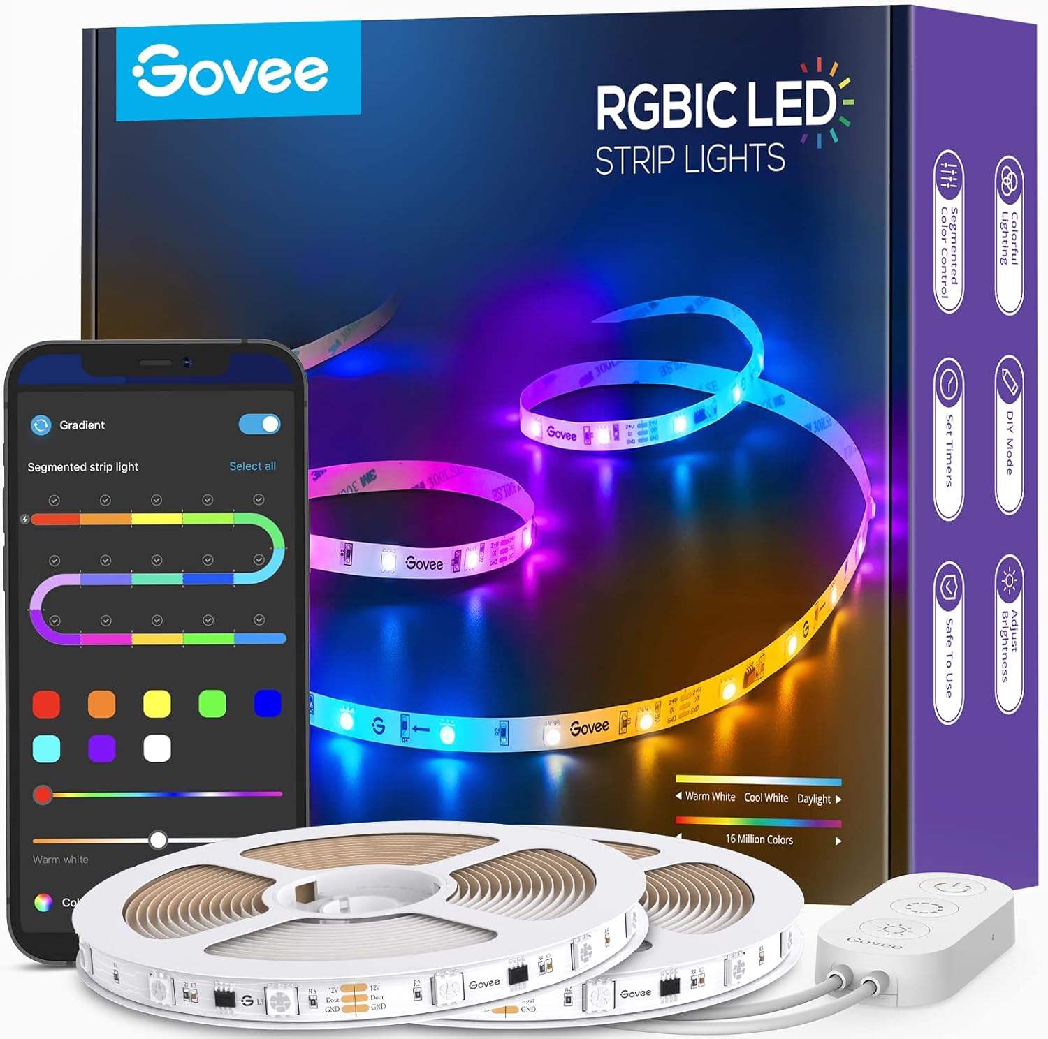 Govee 32.8ft LED Strip Lights RGBIC App Control Smart LED Strips with Segmented Color Control Intelligent Color Picking Music Sync LED Lights for Bedroom Kitchen Party Home Decor (2x16.4ft)