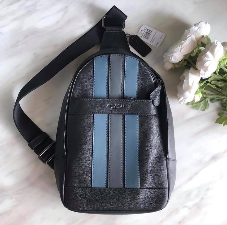 Coach Sling Bag F49318 Houston Pack With Varsity Stripe Black Blue