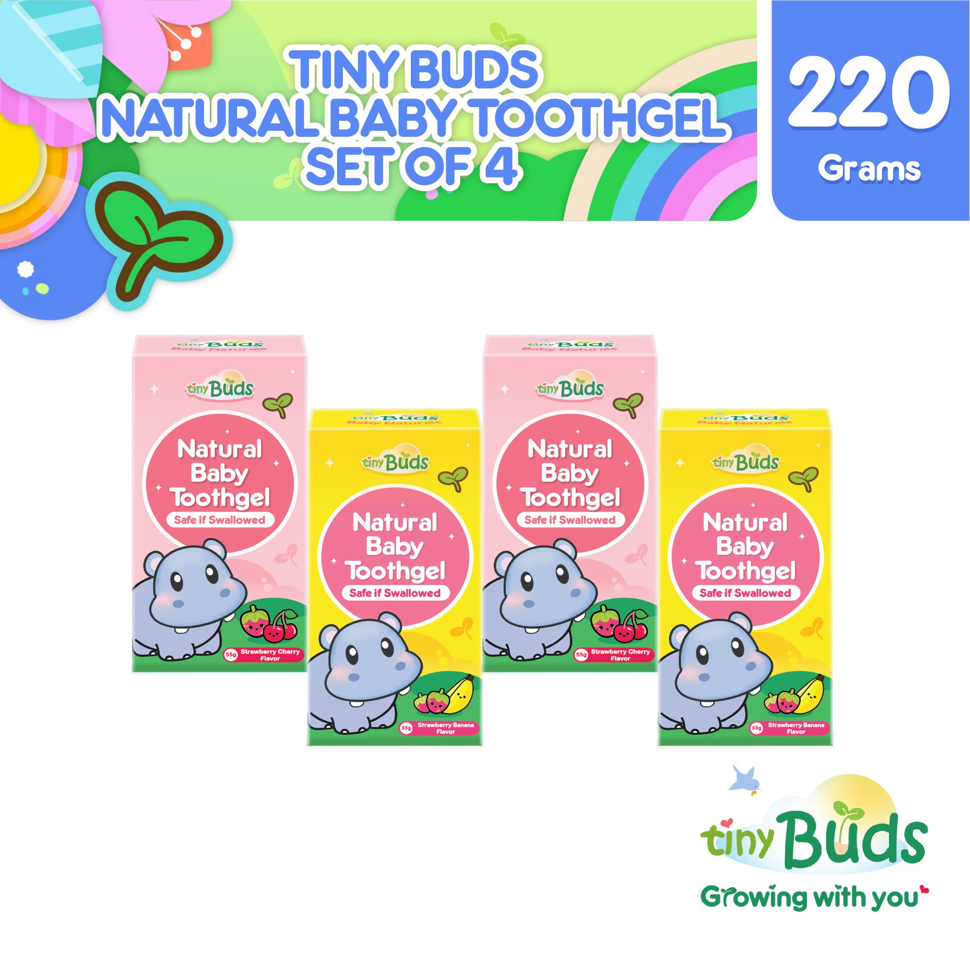 Tiny Buds Baby Toothgel Stage 1 (Strawberry Banana and Strawberry Cherry) - 4 pcs