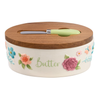The Pioneer Woman βPainted Meadowβ Ceramic Butter Dish with Acacia Wood Lid + Knife β Floral Country Kitchen Decor