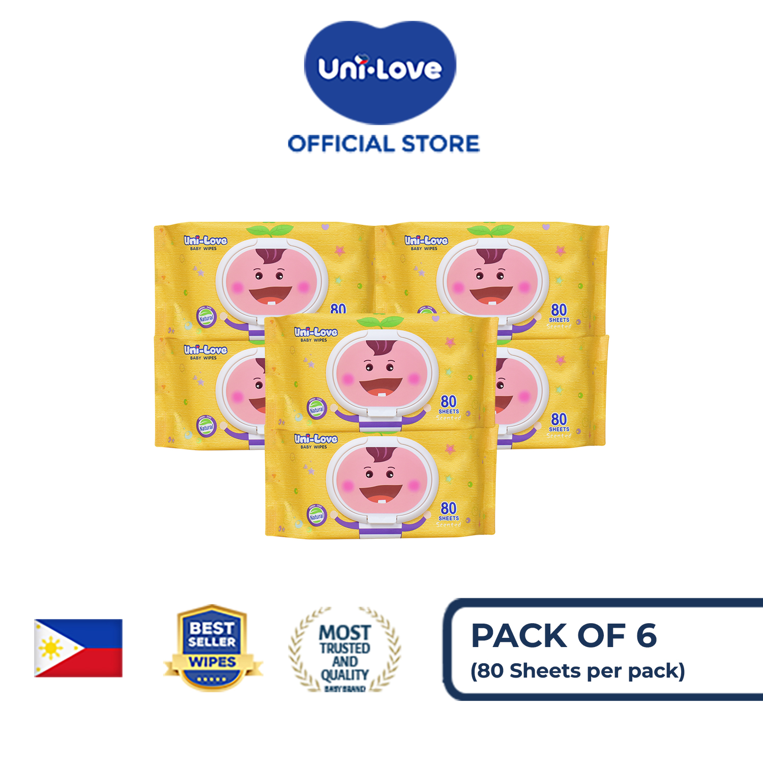 UniLove Powder Scent Baby Wipes 80s Pack of 6 - 99% Water| Hypoallergenic | Alcohol Free | No harmful chemicals | with Aloe Vera | Safe & Gentle | FDA Approved