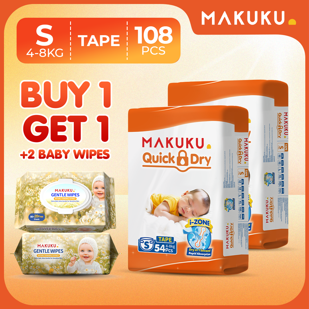 【B1T1 + 2 PACKS CHAMOMILE BUNDLE】MAKUKU Diaper Quick Dry Tape and Pants Ultra Thin Soft and Breathable S M L XL XXL XXXL