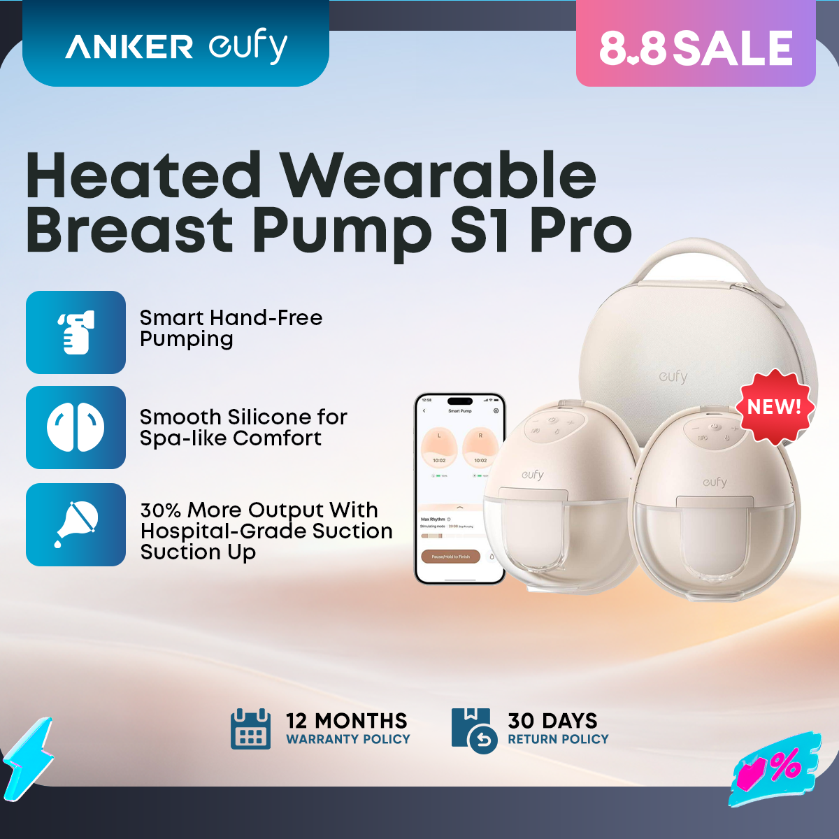 [NEW ARRIVAL] eufy by Anker S1 Pro Heated Wearable Breast Pump (Pain-Relief HeatFlow) | Hands-Free Slim In-Bra Hospital-Grade Suction | Wireless Charging Case App-Controlled