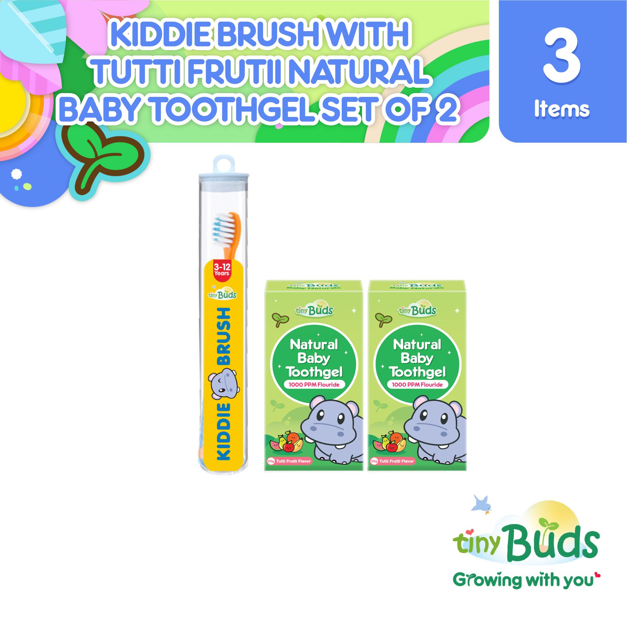 Tiny Buds Kiddie Toothbrush (3+) Random Color + 2 Tiny Buds Toddler Toothgel Stage 2 (3pc bundle)