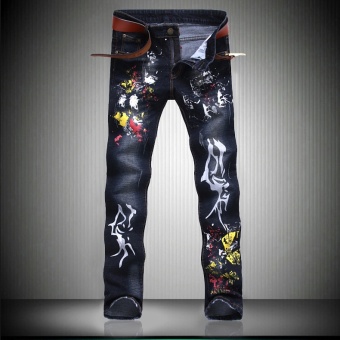 denim trousers Inkjet printing jeans for men skinny Distressed slim designer biker hip hop hole jeans male Straight pants - Navy Blue - intl