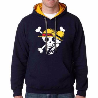 iGPrints One Piece Monkey D Luffy Disstressed Logo Design Contrast Hoodie Jacket Navy Blue Gold