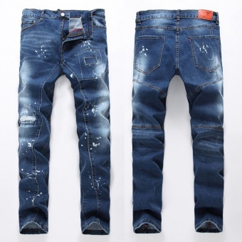 denim ripped jeans for men skinny Distressed slim designer biker hip hop hole jeans male Straight Patch jeans- Blue - intl